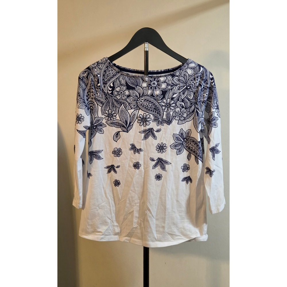 Talbots 3/4 Sleeve Floral Paisley Print Blouse Women's Size Small Blue White